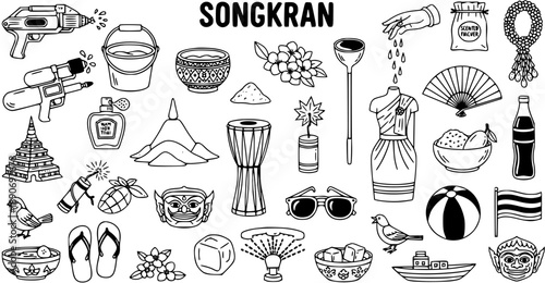 Songkran Festival Thai New Year Black and White Line Art Doodle Icons Collection. Traditional Water Festival Symbols  Celebration Elements.