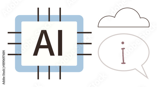 AI technology, cloud computing, data sharing, digital innovation, machine learning, information exchange. A microchip with AI text, a cloud shape and an information bubble. AI technology and cloud