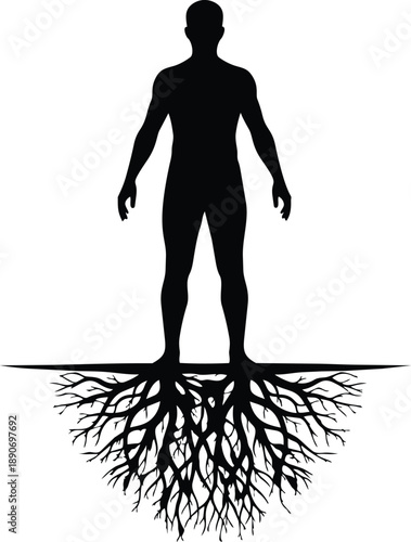 Silhouette of a person with roots, symbolizing growth and connection to nature