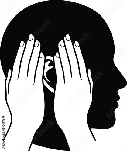 Black silhouette of a person's head with hands covering ears, vector illustration