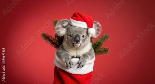 Cute Koala Christmas Stocking Red Background