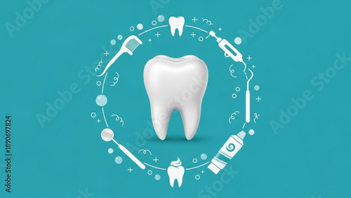 A dental care concept with a large tooth in the center surrounded by various dental hygiene tools and symbols, representing oral health and treatment
