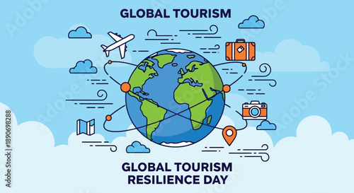 Globe with Travel Icons and Tourism Text.