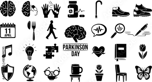 Parkinson's Disease Awareness Glyph Icons Set. Medical Health Symptoms, Treatment, Support, and Daily Life Symbols for World Parkinson's Day. Black  White.