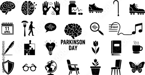Glyph Icons Set for Parkinson's Disease Awareness, Medical Neurology, and Healthcare Campaigns in Black and White Style