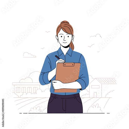 Woman holding clipboard and pen, standing in front of buildings and fields