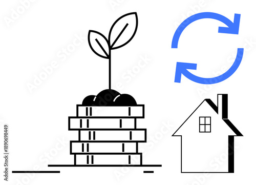 Sustainability, green energy, eco-friendly practices, investment, circular economy, renewable resources. Plant on money stack, house and circular arrows. Sustainability and green energy concepts