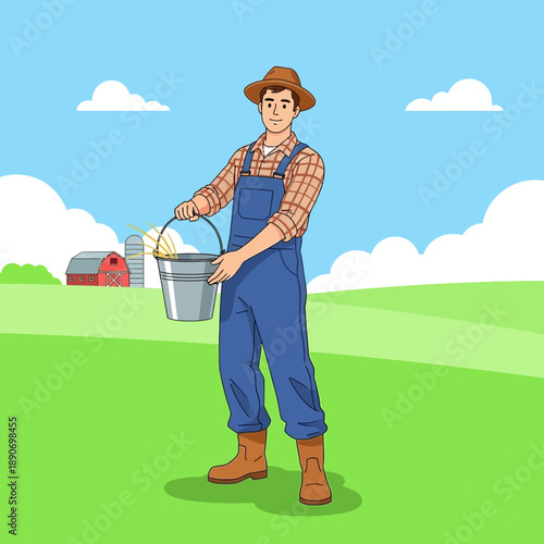Farmer carrying bucket of crops in sunny rural landscape