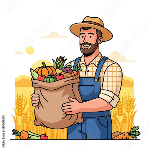 Farmer holding sack of fresh produce in wheat field