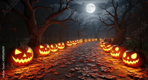 Spooky Halloween Pumpkins Path Night Moon