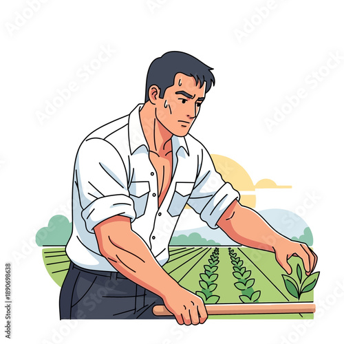 Farmer tending to crops in a field, illustration