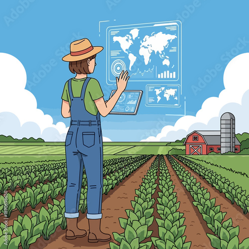 Farmer using digital technology in a field with holographic data displays