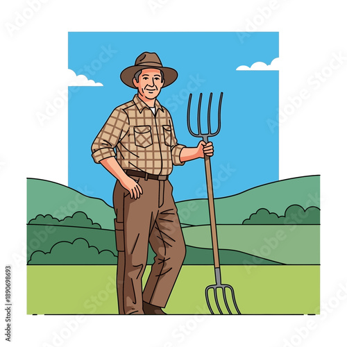 Farmer with pitchfork in field, rural landscape, blue sky, clouds
