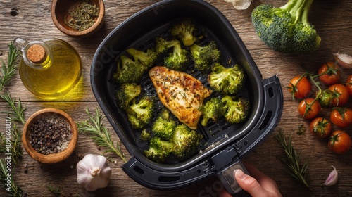 Low carb meal cooking in air fryer with chicken breast and broccoli on counter for healthy eating