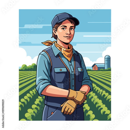 Female farmer in a field, blue sky, agricultural landscape