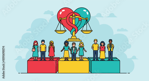 Diverse People Standing on Colored Blocks under Scales and Hearts.