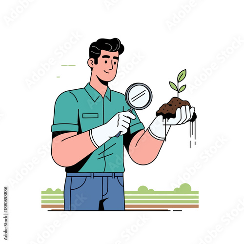 Man examining seedling with magnifying glass, soil analysis, new growth concept