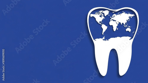 International Oral Health Day  tooth icon featuring an integrated world map, set against a vibrant blue background, representing global dental health and international oral care services