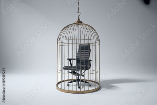 Office chair locked inside hanging cage. Workplace restriction and contro