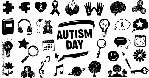 Autism Awareness Day Black and White Glyph Vector Icons Set. Collection of Symbols for Special Needs, Healthcare, and Education Support.