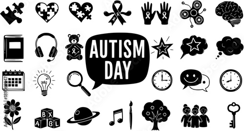 Autism Awareness Day Black and White Glyph Icons Set for Neurodiversity Support and Education. Collection of symbols for special needs advocacy and understanding.