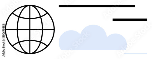 Technology, cloud storage, global communication, internet services, data sharing, digital connections. A globe icon and a cloud shape with minimal lines. Technology and cloud storage concept