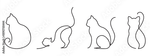 Continuous line drawing of a cat. A cute pet sitting with its tail curved from the side, the adorable pet stretching with its tail raised high - the cute pet sitting facing backward with its coiled ta