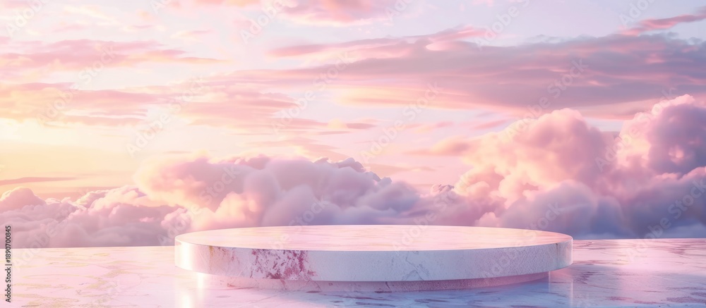 Obraz premium A marble podium against a pastel sky filled with fluffy clouds during a soft sunset