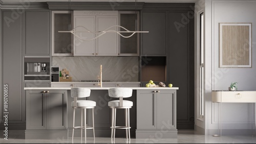Bild auf Leinwand A modern grey kitchen features shaker cabinets, a small island with white stools, and a unique pendant light, created using Blender software