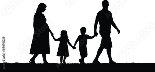 Family silhouette walking together, parents and children holding hands, unity, love, support, togetherness, connection, bond, parenting, care, happiness