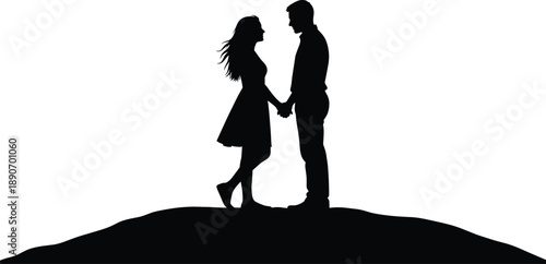 Couple silhouette illustration, man and woman holding hands, standing together outdoors, love concept, emotional bond, unity, shadow art design