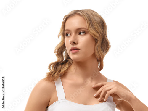 Blonde young woman with cur...