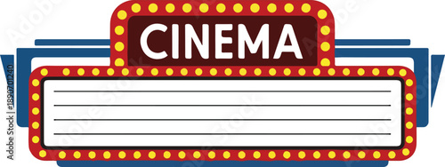 Cinema sign with bright lights and decorative elements in a vibrant entertainment setting viewed from the front