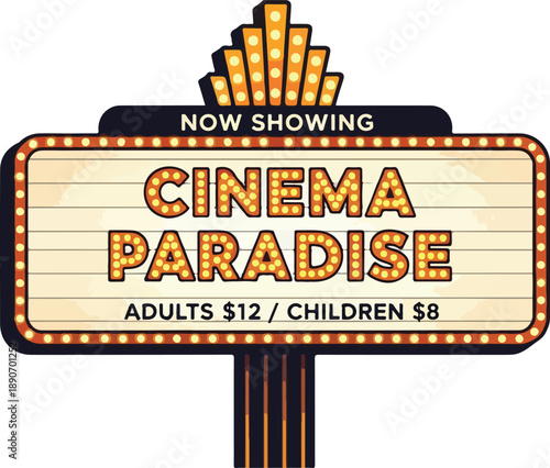 Classic cinema signboard at dusk with neon lights and retro design inviting viewers to a movie night