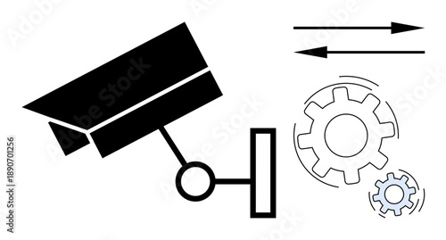 Security systems, surveillance monitoring, data privacy, technology operations, connectivity, automation. Black surveillance camera, gears arrows. Security systems and surveillance monitoring