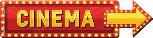 Vibrant Cinema Sign with Arrow Pointing Right, Entertainment Venue, Neon Lights, Graphic Illustration, Urban Setting