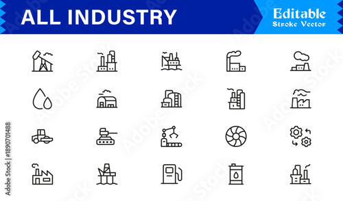 Versatile All Industry Line Icon Set with Professional Minimal Design and Pixel Perfect Editable Vectors for Modern Business and Technology