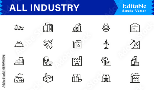Versatile All Industry Line Icon Set with Professional Minimal Design and Pixel Perfect Editable Vectors for Modern Business and Technology