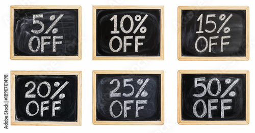 set of 6 price cut discount written in blackboard with chalk