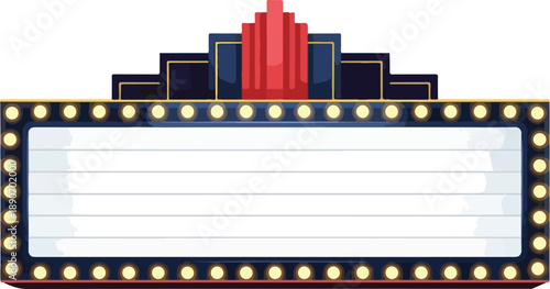 A vintage movie marquee sign with bright lights and classic design stands prominently in the evening