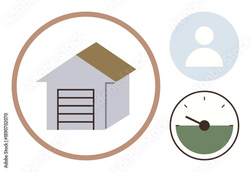 Logistics, storage management, customer profile, speed tracking, efficiency improvement, real estate business. A garage image, user icon and speedometer graphic. Logistics and storage management