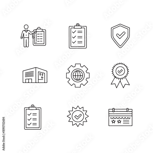 Set Of Business And Quality Assurance Icons: Clipboard, Checklist, Shield, Warehouse, Gear, Ribbon, Certificate And Calendar