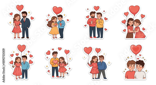 Cartoon illustrations of diverse couples celebrating love with hearts and balloons, depicting romance and affection.