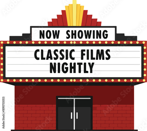 Classic films displayed on a cinema marquee at night with a red brick building in the background