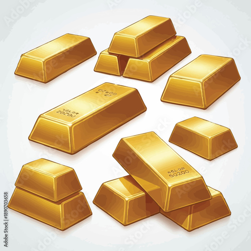 Collection of Shiny Gold Bars and Ingots in Various Stacks. Financial Wealth, Investment, Success, and Banking Concept Vector Illustration.