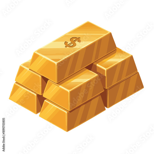 Isometric Gold Ingots Stack Icon. Cartoon Vector Illustration of Wealth, Investment, and Riches with Dollar Sign Symbol.