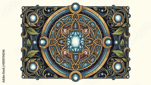 Ornate Celestial Mandala with Gemstones and Foliage Illustration