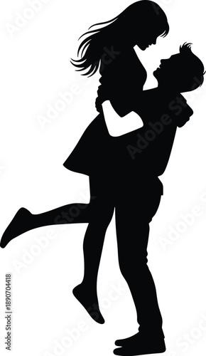 Romantic couple silhouette, man lifting woman, affectionate pose, love connection, emotional bond, relationship concept, black shadow art illustration