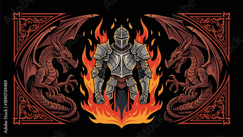 Armored Knight with Dragons and Flames - Fantasy Art Illustration