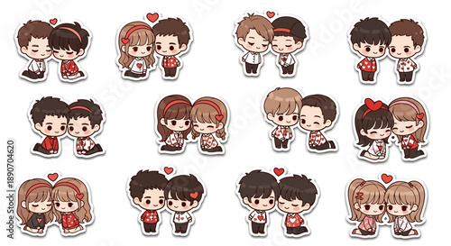 Collection of cute chibi cartoon couples showing affection and love in various romantic poses and expressions on a white background.